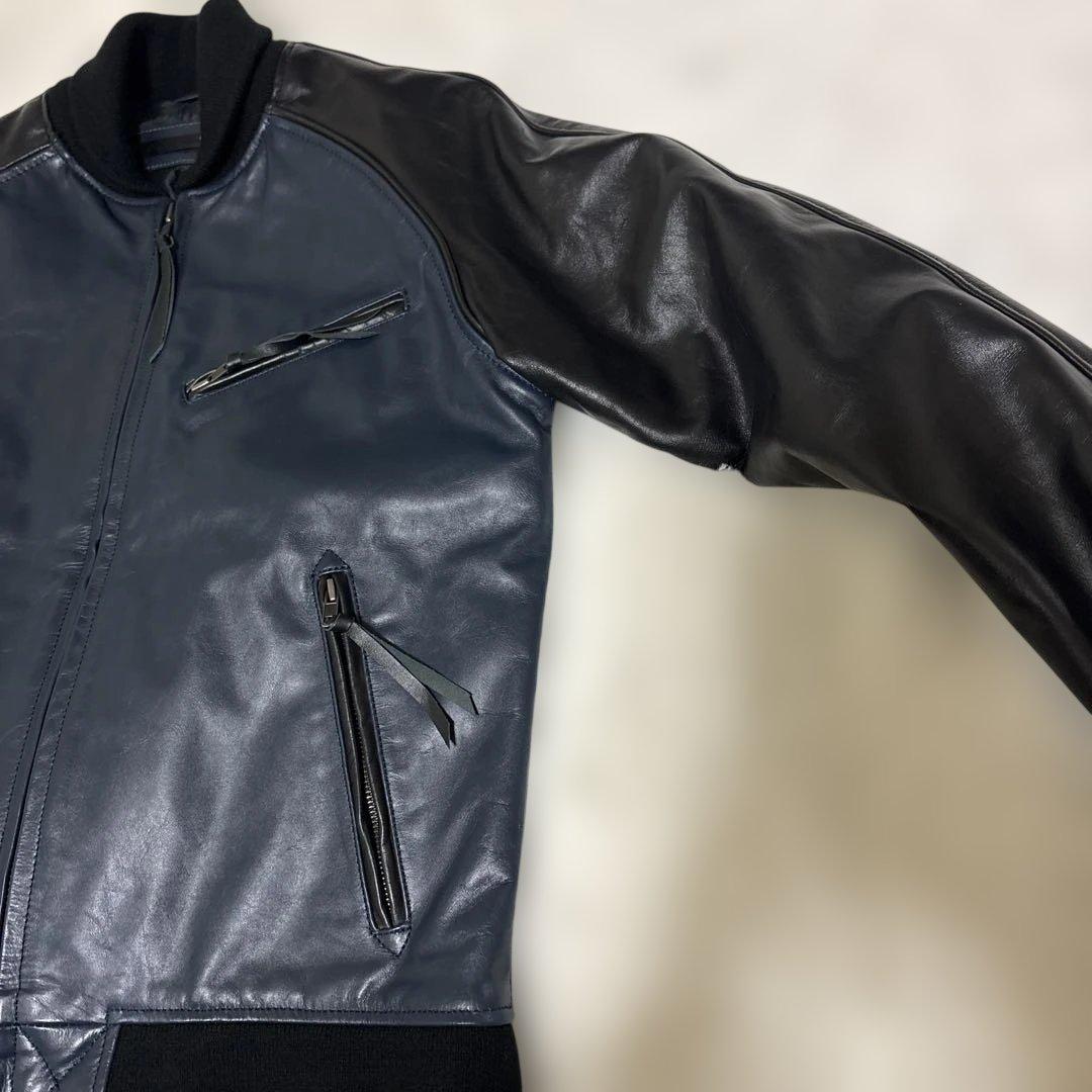 レザーシングルライダースジャケット ネイビー/ブラック　Lサイズ