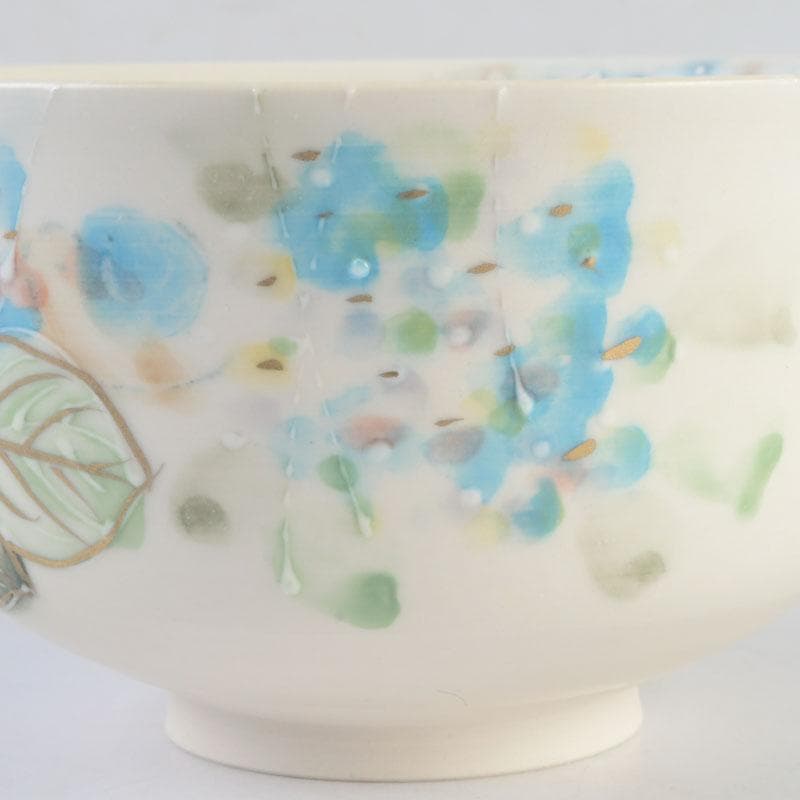 茶道具　京焼　橋本永豊作　色絵　紫陽花文　イッチン茶碗　共箱　V　9650