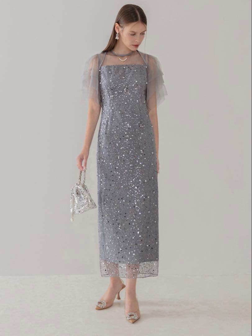 スパンコールパールミックスボレロIラインワンピースドレス結婚式二次会成人式デート