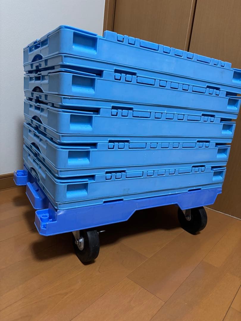 リス折りたたみコンテナ5箱、SANKO平台車1台セット