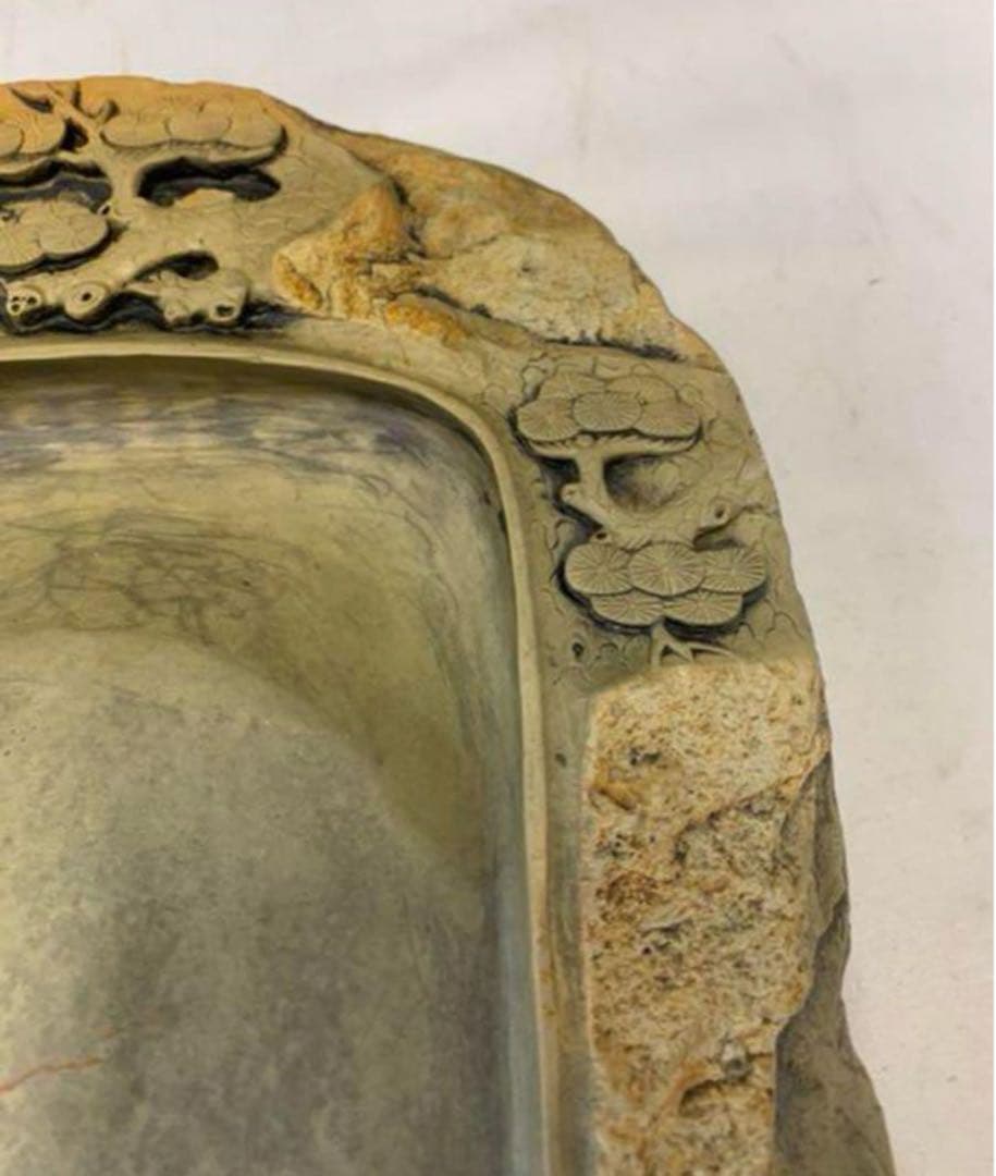 [極上珍品]房具 中国　清時代　古美術　硯紫檀蓋付き 松鶴綠端溪文房具