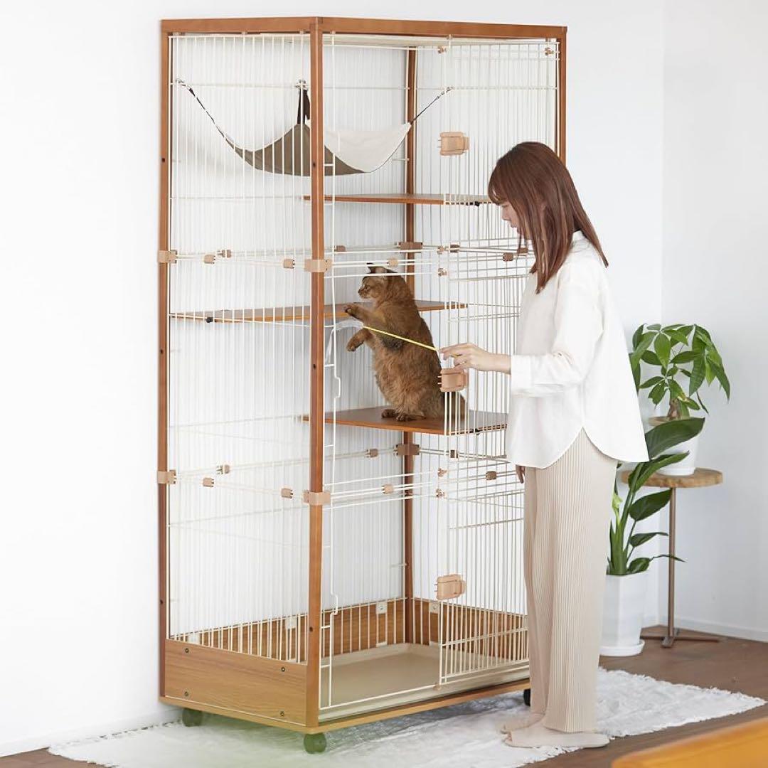 ieneko キャットケージ 3段 猫ケージ 木製 ナチュラル