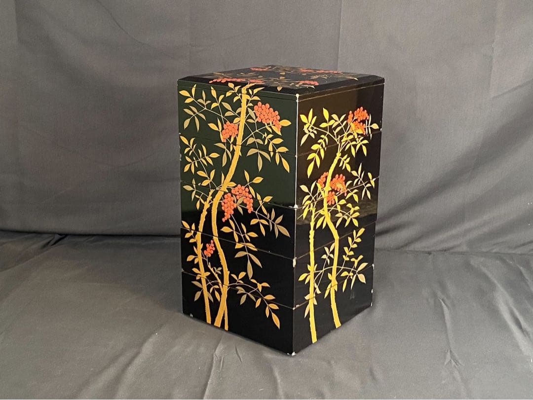 時代 南天蒔絵 黒塗内朱 五段重箱 二枚蓋 共箱 江戸末期 底梨地 / 輪島塗