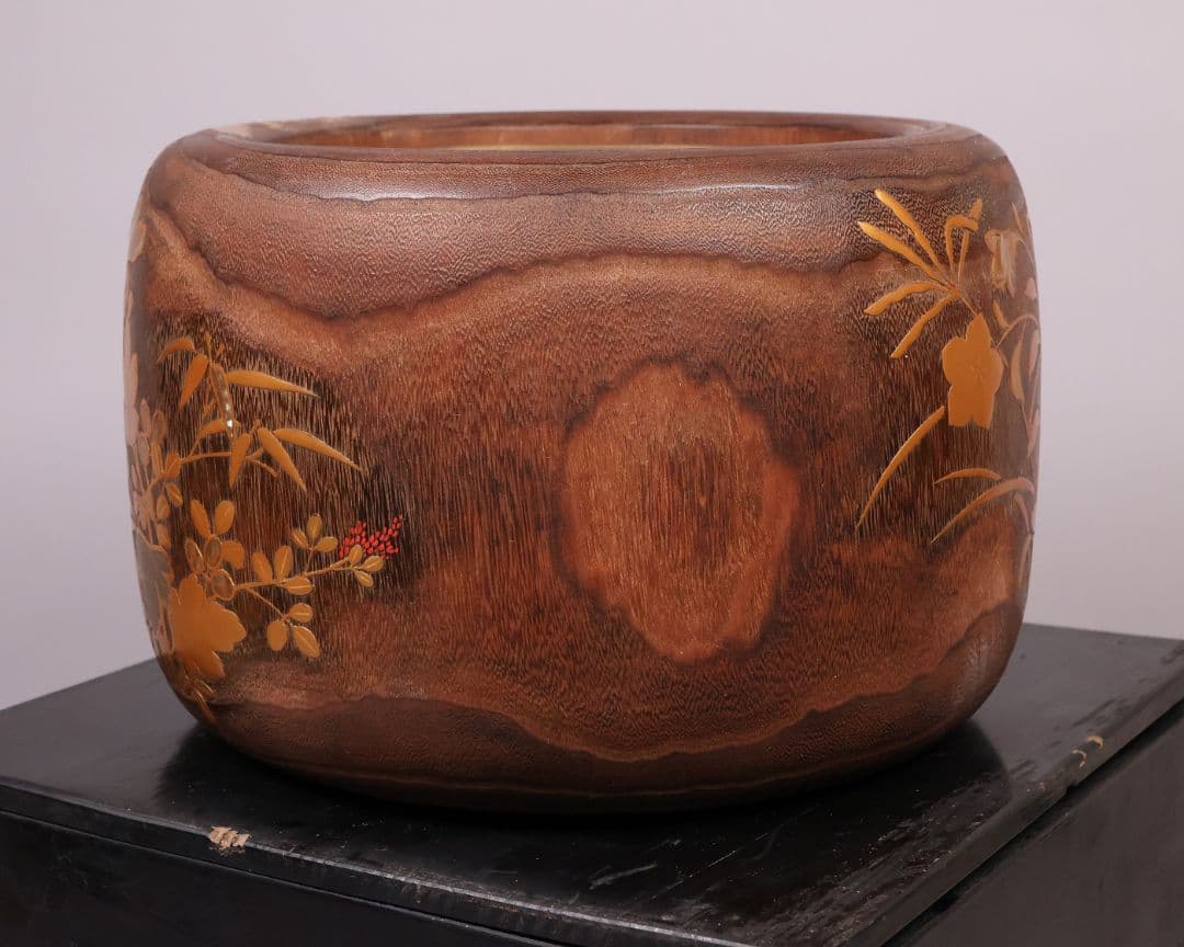 花鳥蒔絵 螺鈿細工 桐火鉢 幅30.7cm 高20cm 金蒔絵 草花【MB69