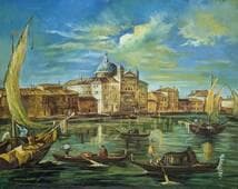 【真作】絵画　油彩30号　陽光のヴェネツィア運河風景　ヨーロッパ風景画　X190