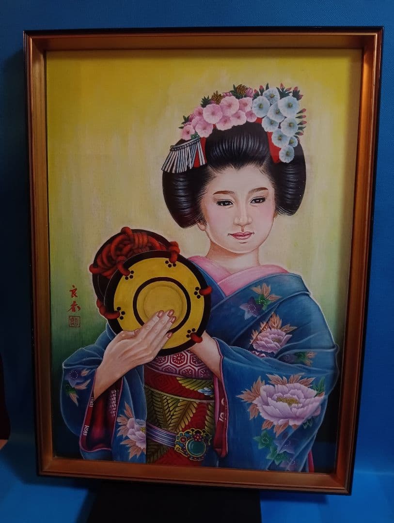 時代着物美人姿水彩画昭和時代頃縦５７Ｘ横幅４２Ｘ厚さ３センチガラス当時物額装品