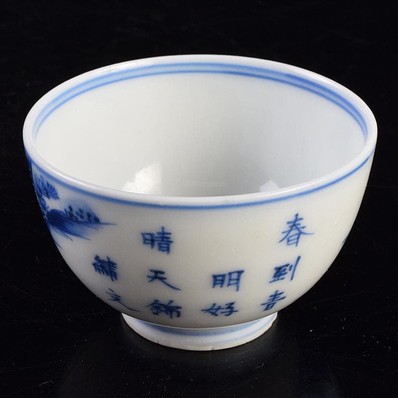 中国　青花　漢詩山水人物文　煎茶碗　時代箱付　V　R9489