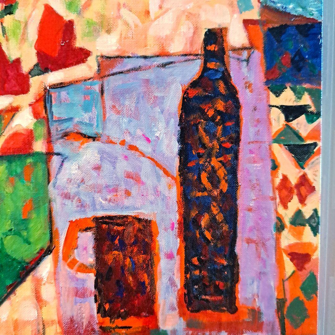 キャンバス油絵 　いとを　お花とビンとカップのあるテーブル　おしゃれ静物画