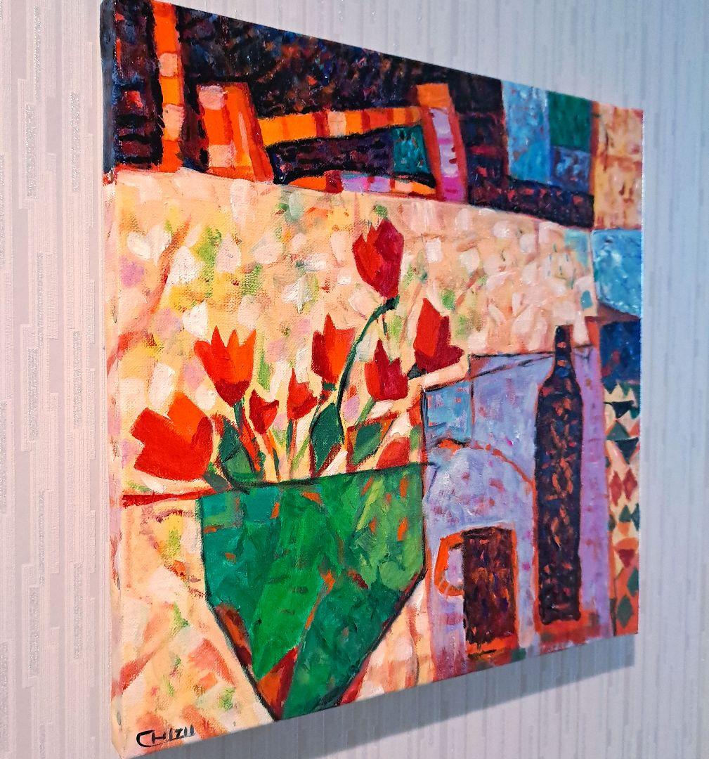 キャンバス油絵 　いとを　お花とビンとカップのあるテーブル　おしゃれ静物画