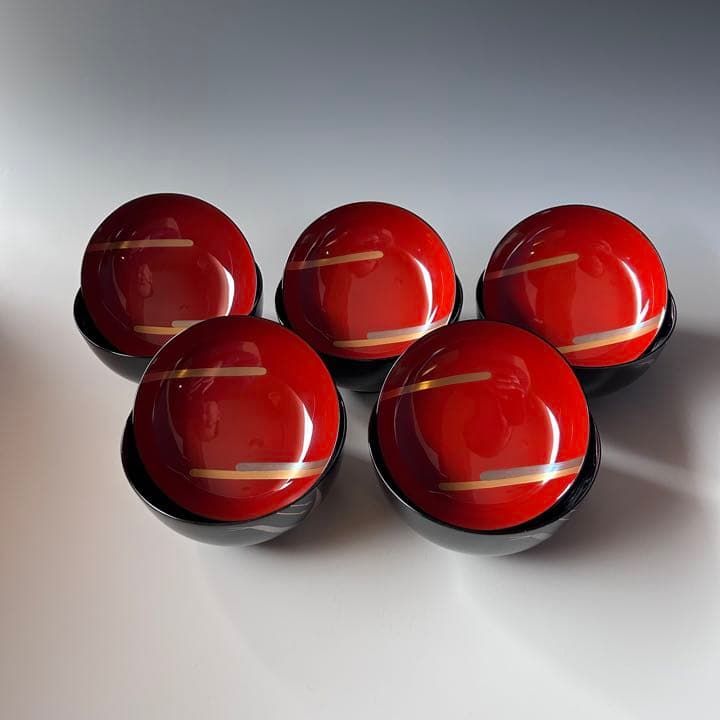煮物椀　琳派　鶴蒔絵　五客組　静寛　共箱　山中塗　懐石　漆器　正月　初釜　茶道具