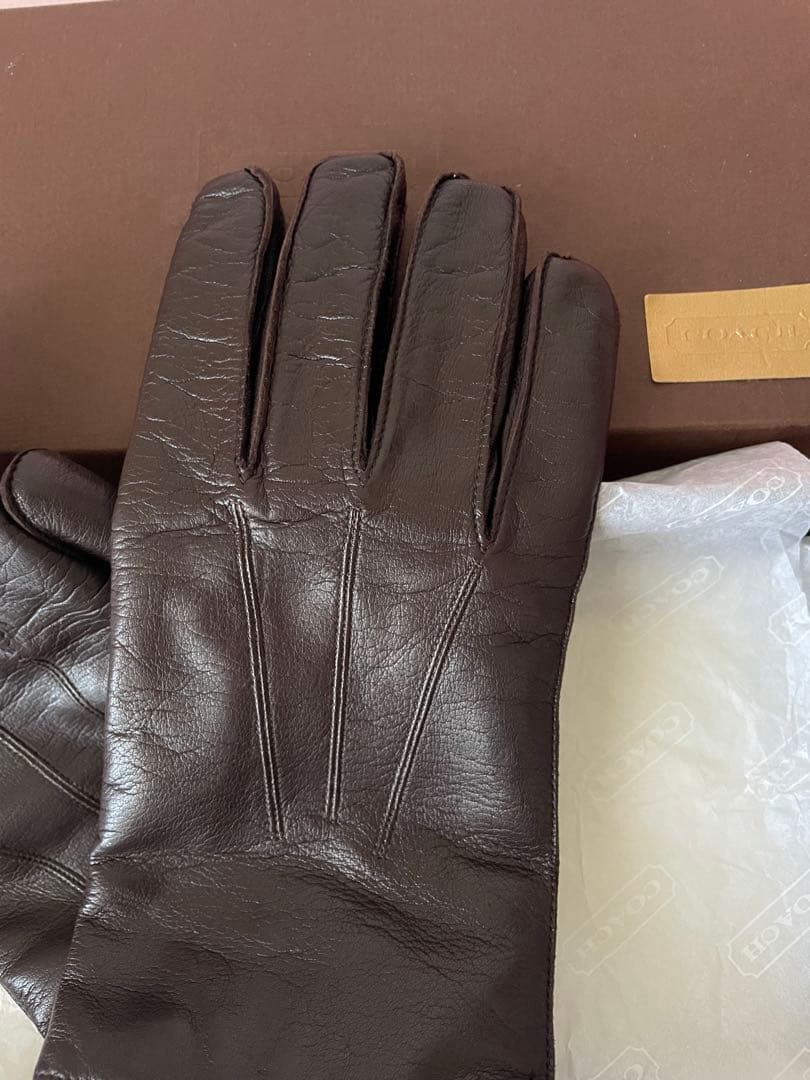 【美品】COACHダークブラウン レザーカシミヤ手袋L 専用箱付12時間以内発送