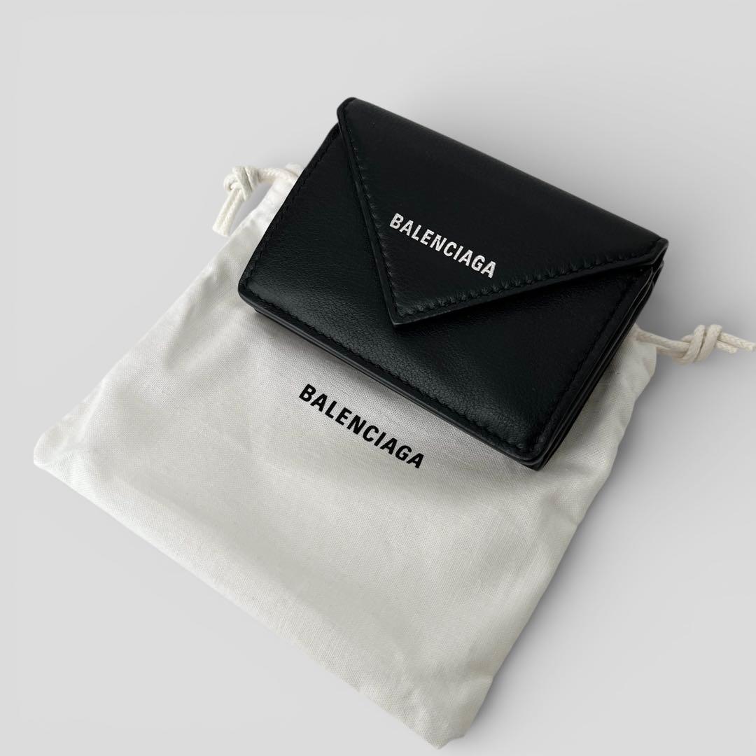 展示品 バレンシアガ ペーパー ミニウォレット レザー ブラック 三つ折り財布