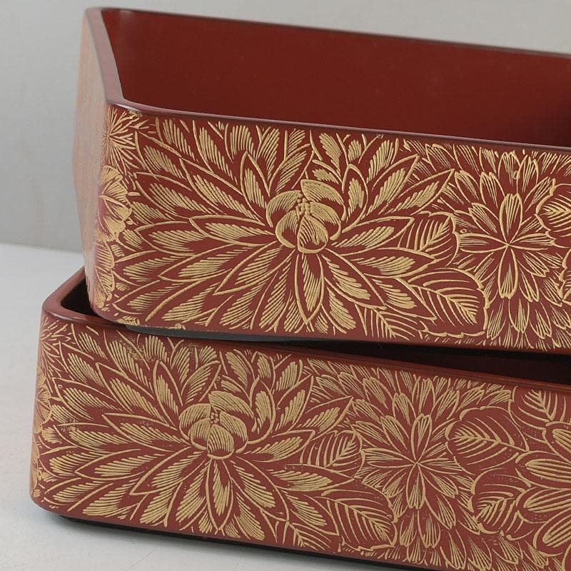 ゆりる　輪島塗　沈金蒔絵　菊彫文　手提四段重箱　共箱　M　R9137H