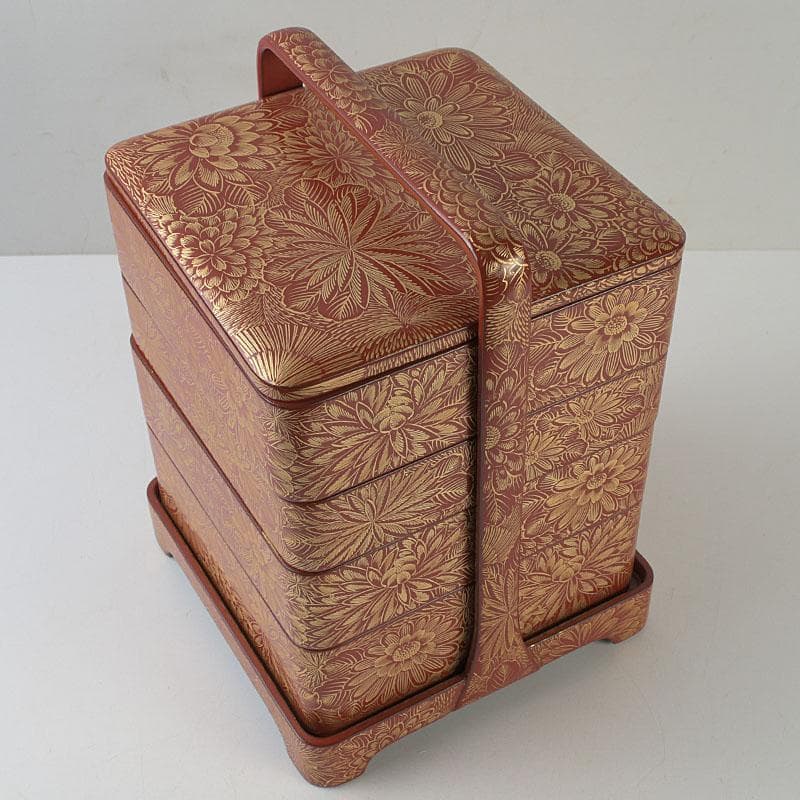 ゆりる　輪島塗　沈金蒔絵　菊彫文　手提四段重箱　共箱　M　R9137H