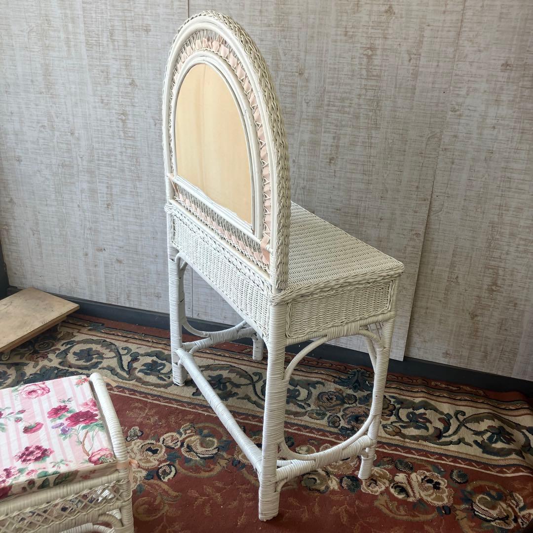 北欧レトロ 姫系 ラタンドレッサー 鏡台 椅子&ゴミ箱付き ビンテージ 古家具
