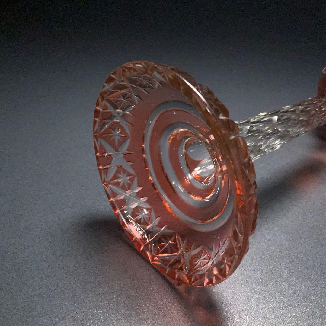 【希少】アンティークグラス　カットガラス　赤　ワイングラス　美品　R1332ダI