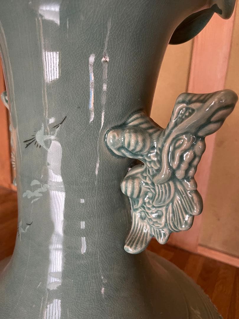 【じいちゃんのコレクション】青緑色 陶器 花瓶 透かし彫り ドラゴンの取っ手