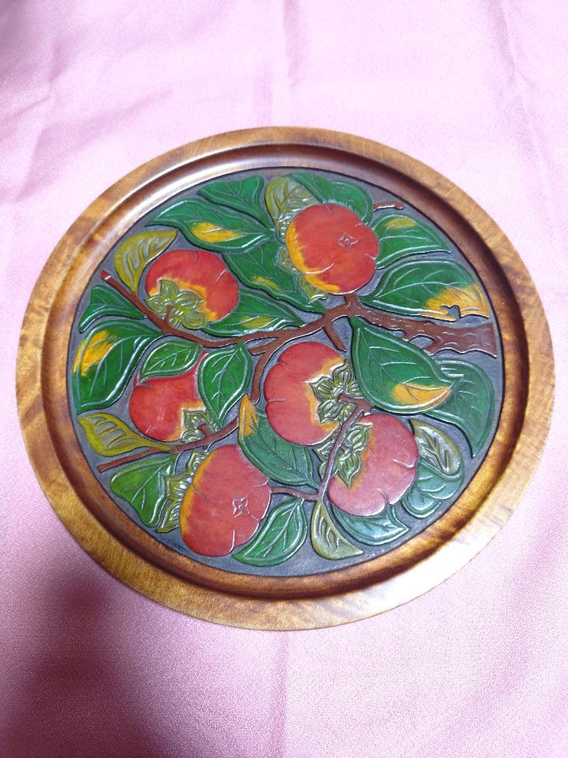 讃岐 盆 柿の木 漆 彩色 黄金楠木 彫刻 在銘 アンティーク 工芸品 置物