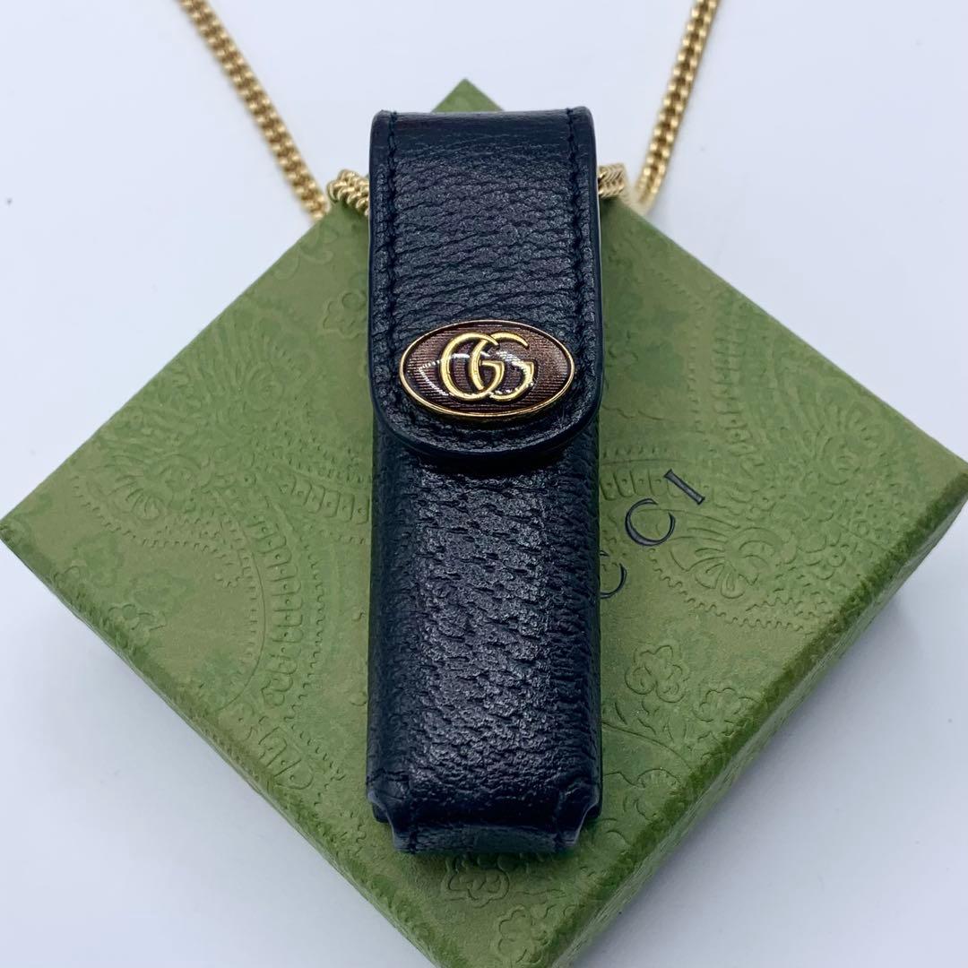 【新品】GUCCI リップケース　ネックレス　ブラック　オシャレ　GG レザー