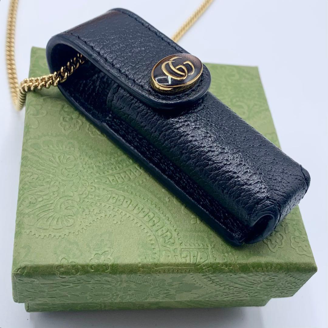 【新品】GUCCI リップケース　ネックレス　ブラック　オシャレ　GG レザー