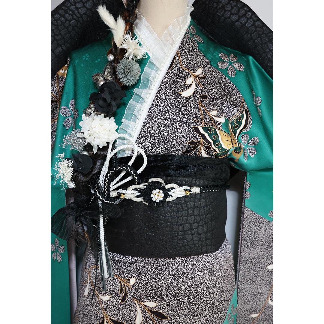 人気色！ヴィンテージ◆ 振袖6点セット ◆163cm緑系フルセット帯正絹RG46