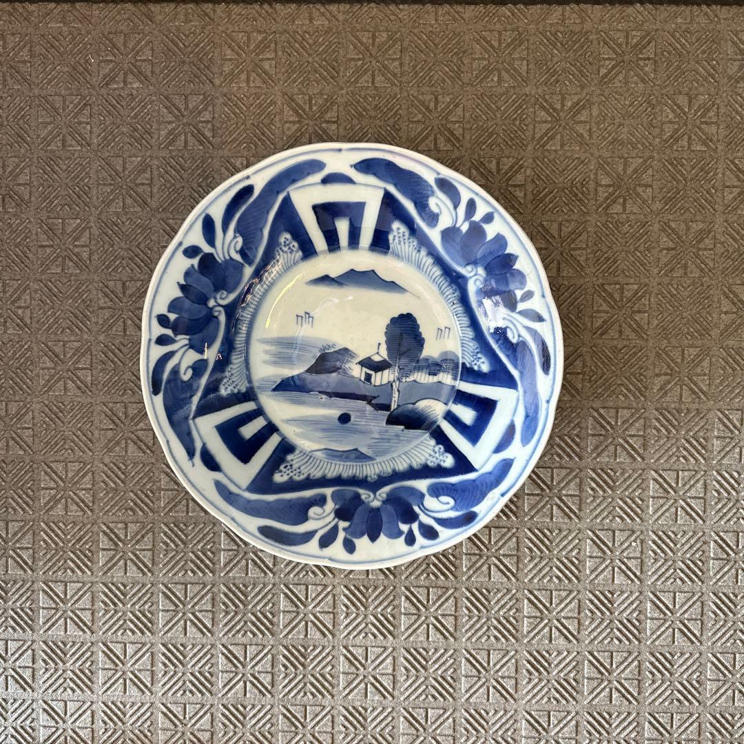 古伊万里、染め付け、三花、楼閣山水、輪花深大皿江戸時代、
