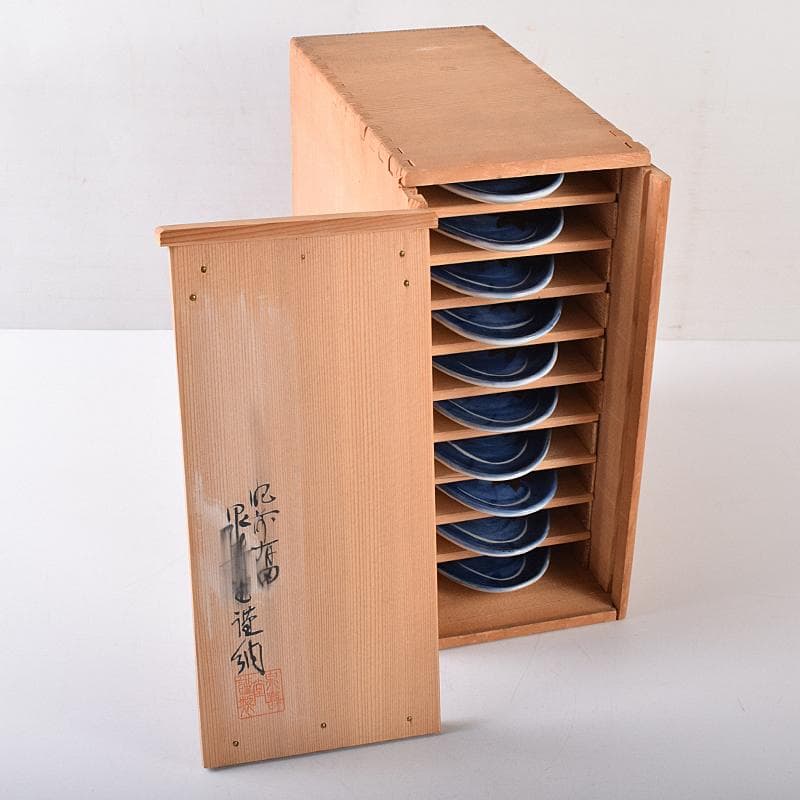 肥前有田焼　泉寿堂謹製　染錦　紅葉菖蒲文　楕円皿　十客　共箱　M　R8139B