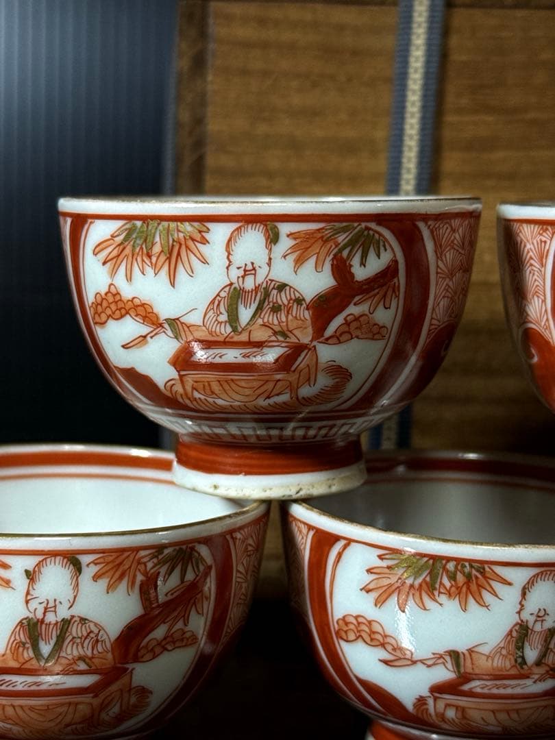 江戸期 湖東焼 赤絵金蘭手 窓絵人物図 煎茶碗 5客茶道具 井伊家 彦根藩