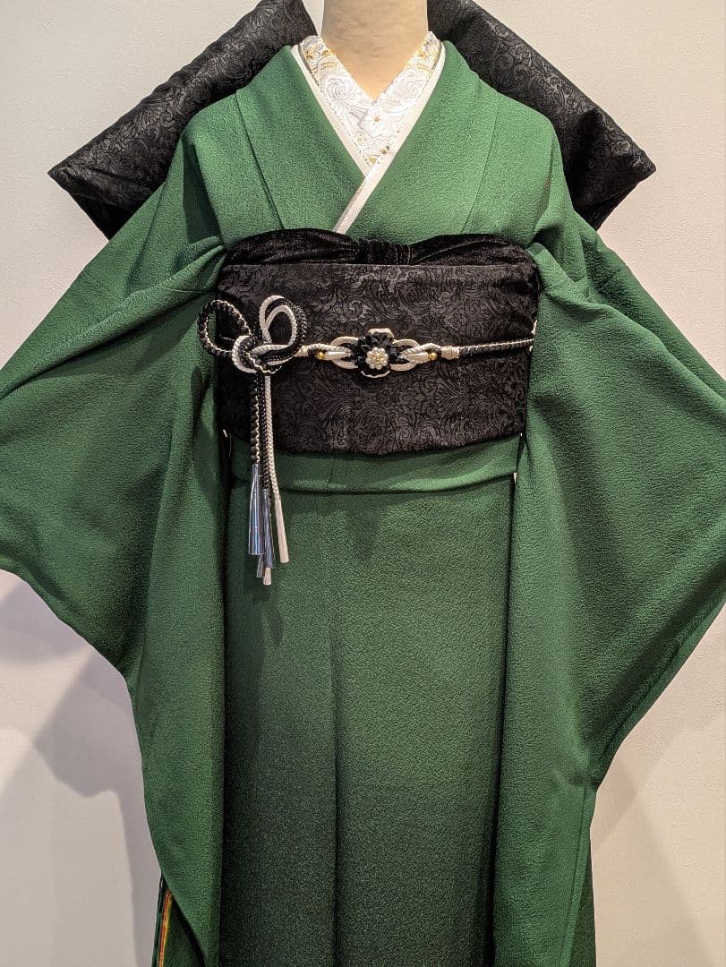 振袖フルセット 身丈165裄69.5 色無地 緑 三つ紋 逸品