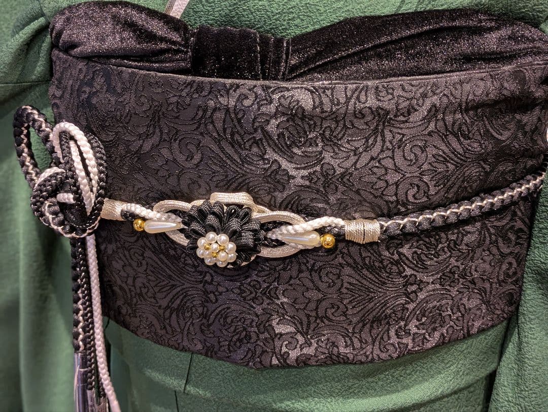 振袖フルセット 身丈165裄69.5 色無地 緑 三つ紋 逸品