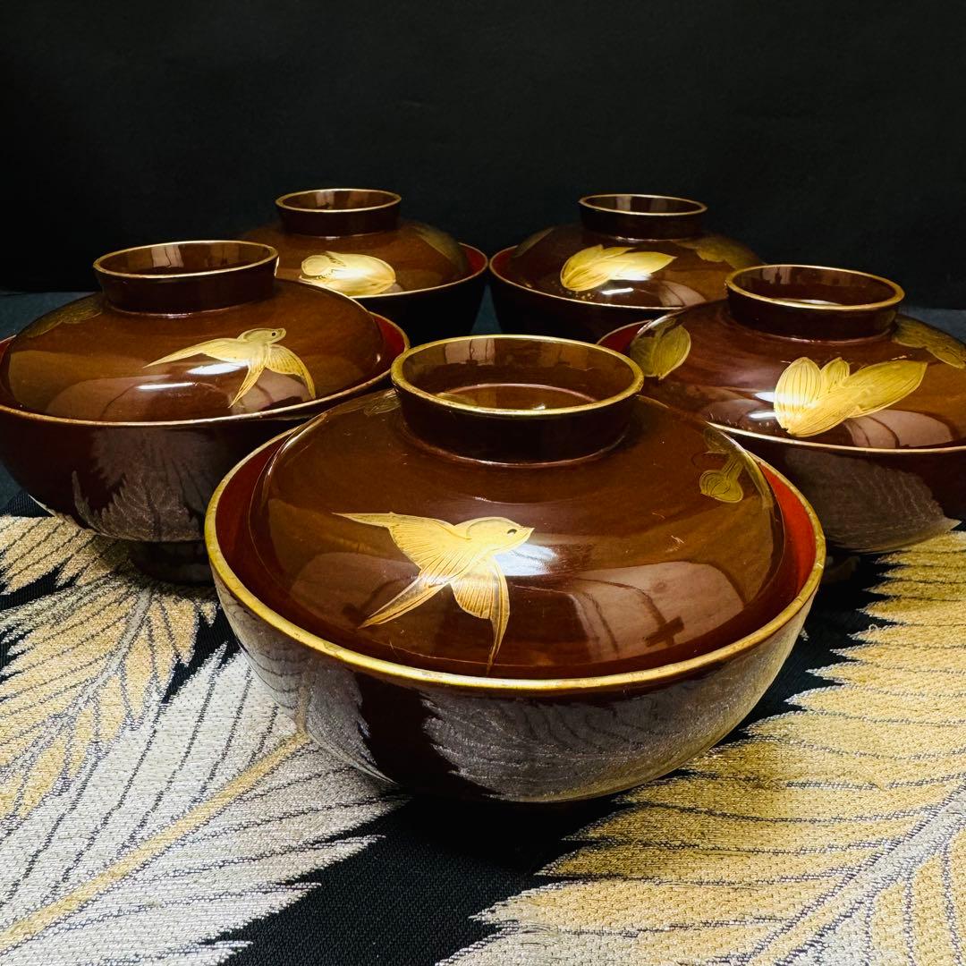 漆器　輪島塗　蒔絵　沈金木製　蓋付椀　お煮物椀　吸物椀　5客　骨董品