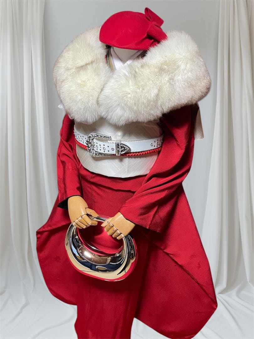 ファーショール付き 振袖 フルセット 山本寛斎 赤 白 無地