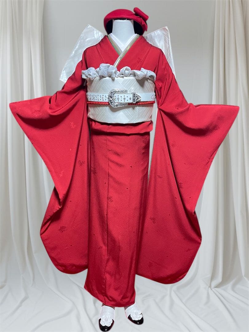 ファーショール付き 振袖 フルセット 山本寛斎 赤 白 無地