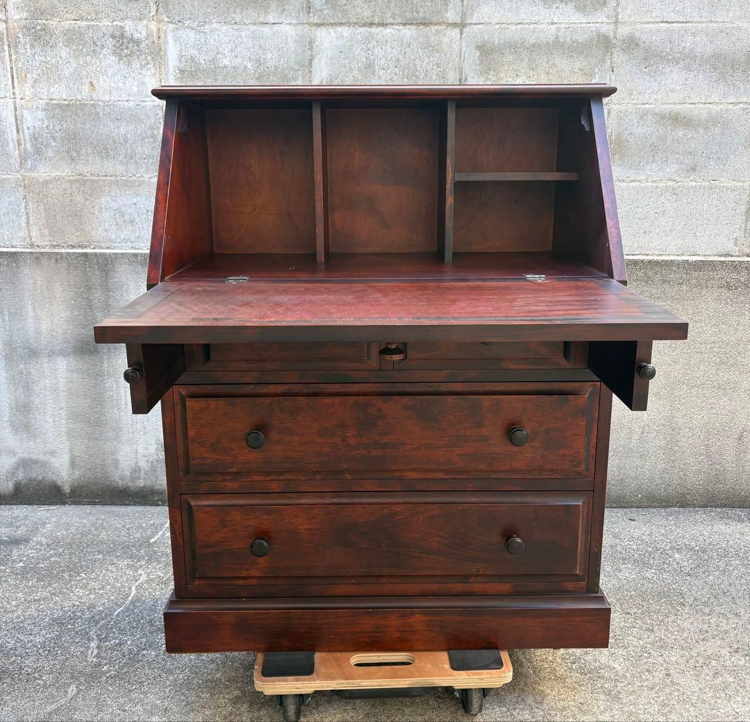 【長野松本民芸家具】天然木ライティングビューロー ダークブラウン　デスクチェスト