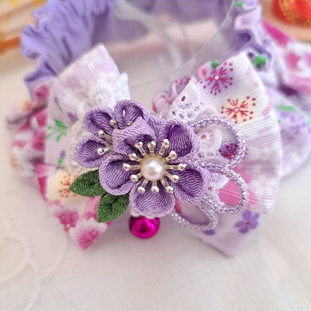 幅広シュシュ、和風妻み細工(藤色)わんちゃん猫ちゃん用