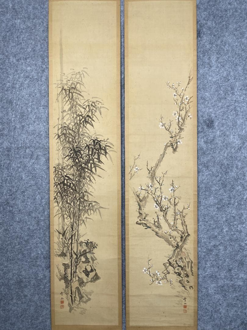 在銘(雪山) 梅竹図 絹本 双幅 時代物 掛軸24120701