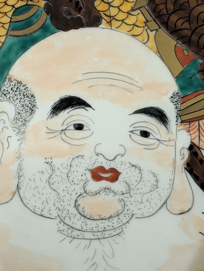 古伊万里 有田焼 猿川谷 山徳窯 色絵 七福神図 極上細密 大皿 金彩 尺五皿