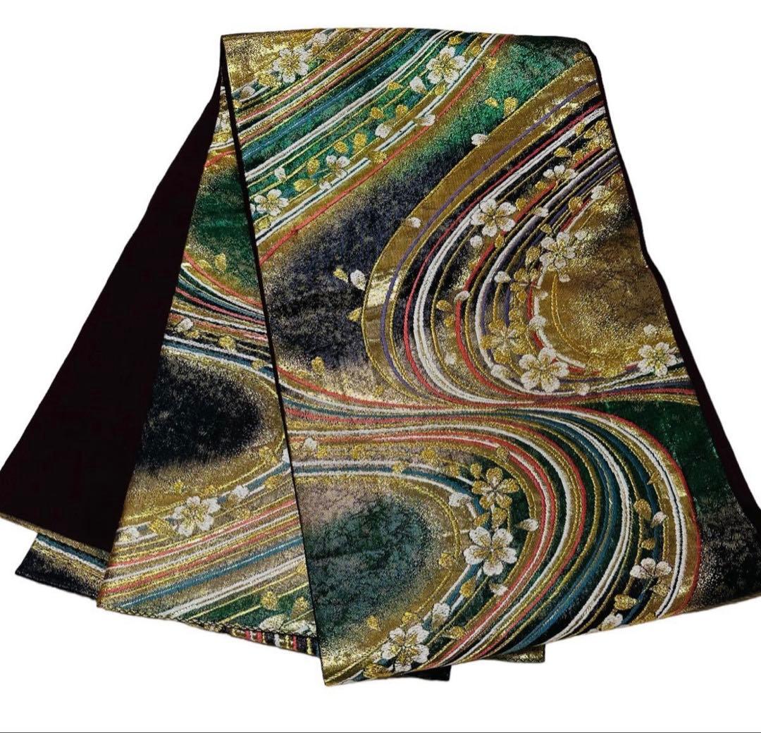 濃青緑振袖 蝶模様 金帯付　セット　成人式　正絹　振袖　身長170cm位迄　美品