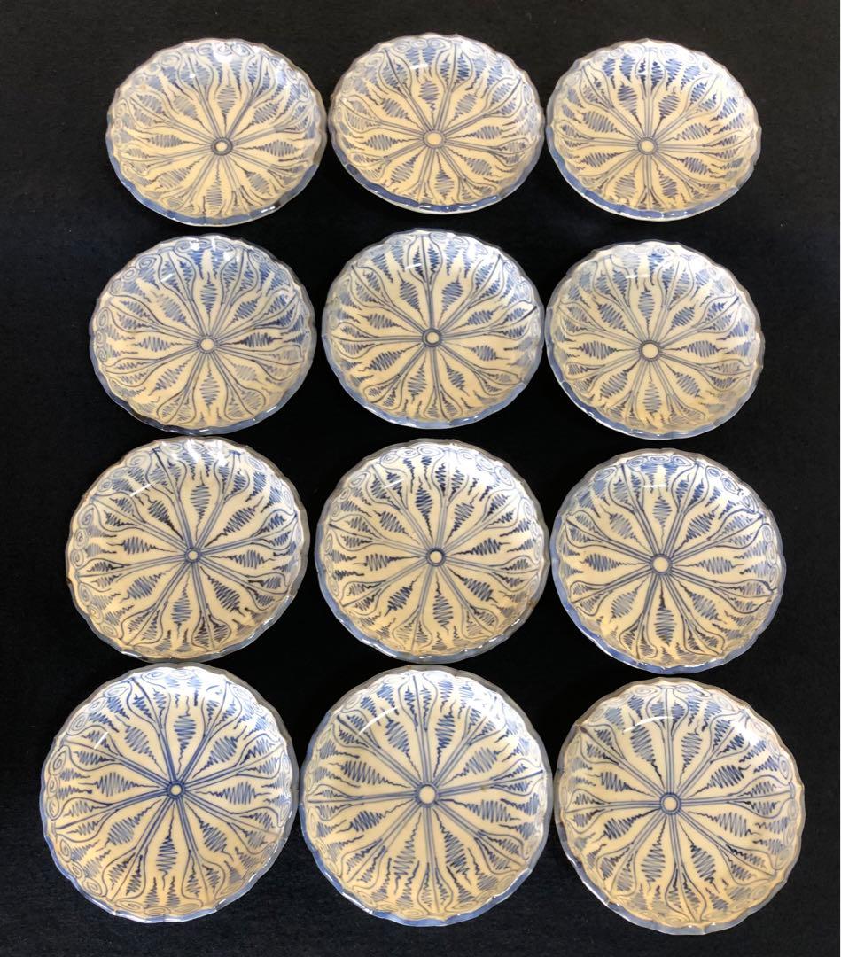 《レ》伊万里 染付 輪花 よろけ紋 小皿12客 木箱 251119え4