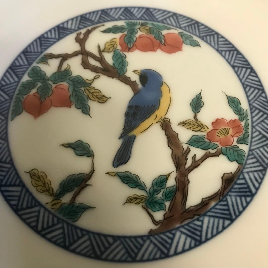 【新品未使用箱入り】九谷焼き　青郊窯　瓔珞(ようらく)紋花鳥六寸皿揃　5個セット