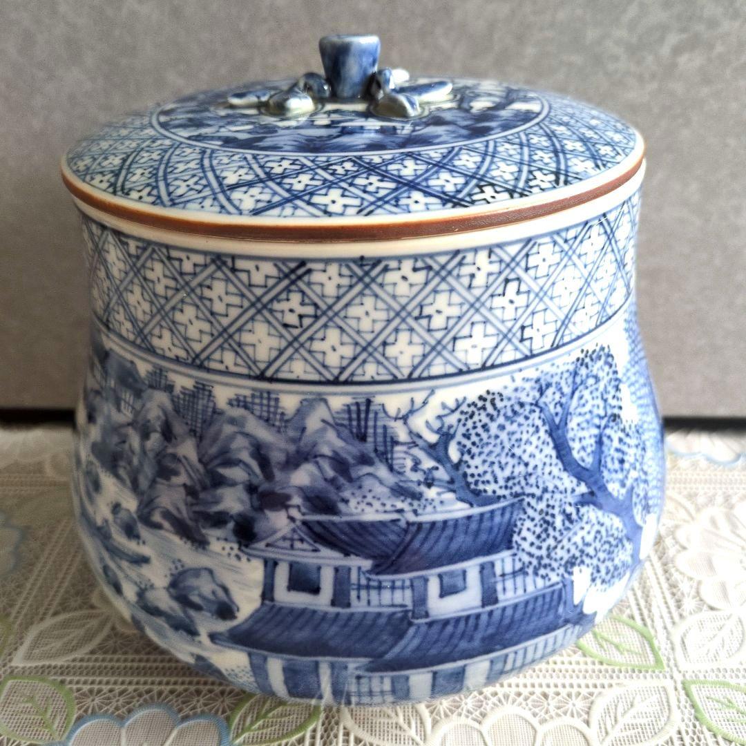 【美品】平安徳永造／染付山形・青白色 陶器 水差し（共箱付き）