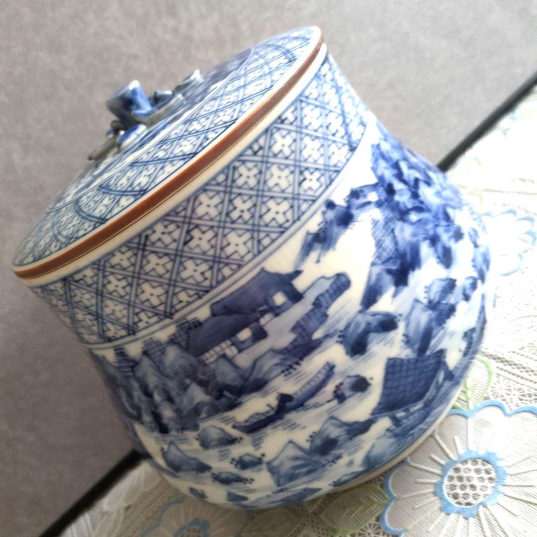 【美品】平安徳永造／染付山形・青白色 陶器 水差し（共箱付き）