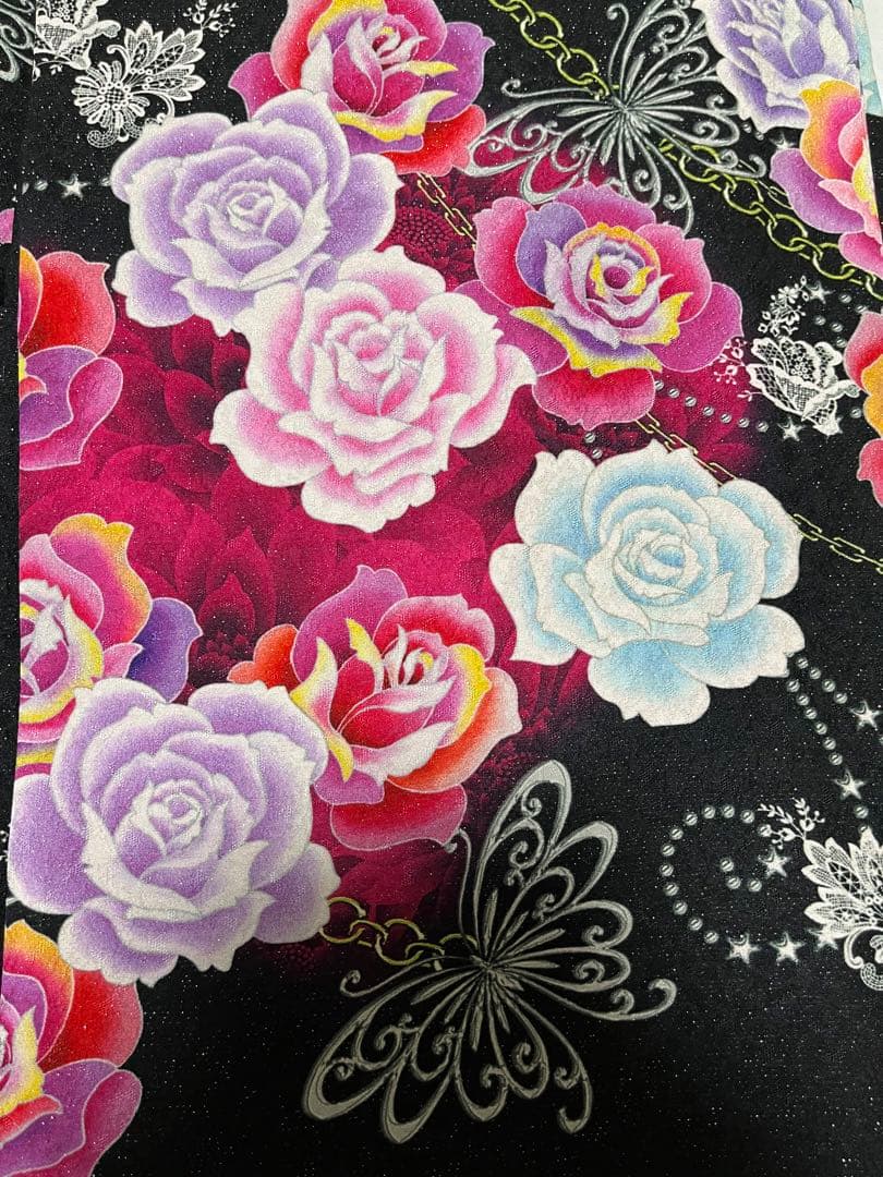 振り袖セット　帯付き　ブラック・バラ・蝶・ラメ入り　期間限定値下げ