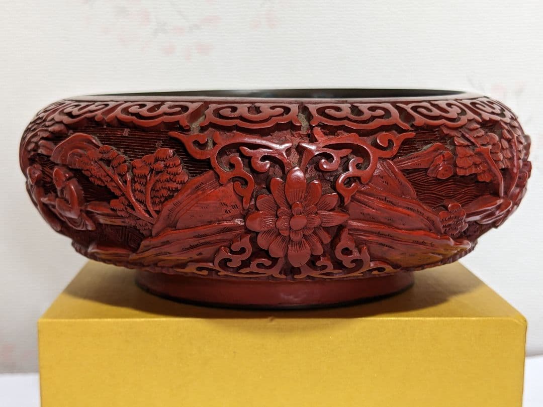 ♦中国 古玩 堆朱彫漆 七宝釉楼閣山水図紋様 盆 コレクション骨董品アンティーク