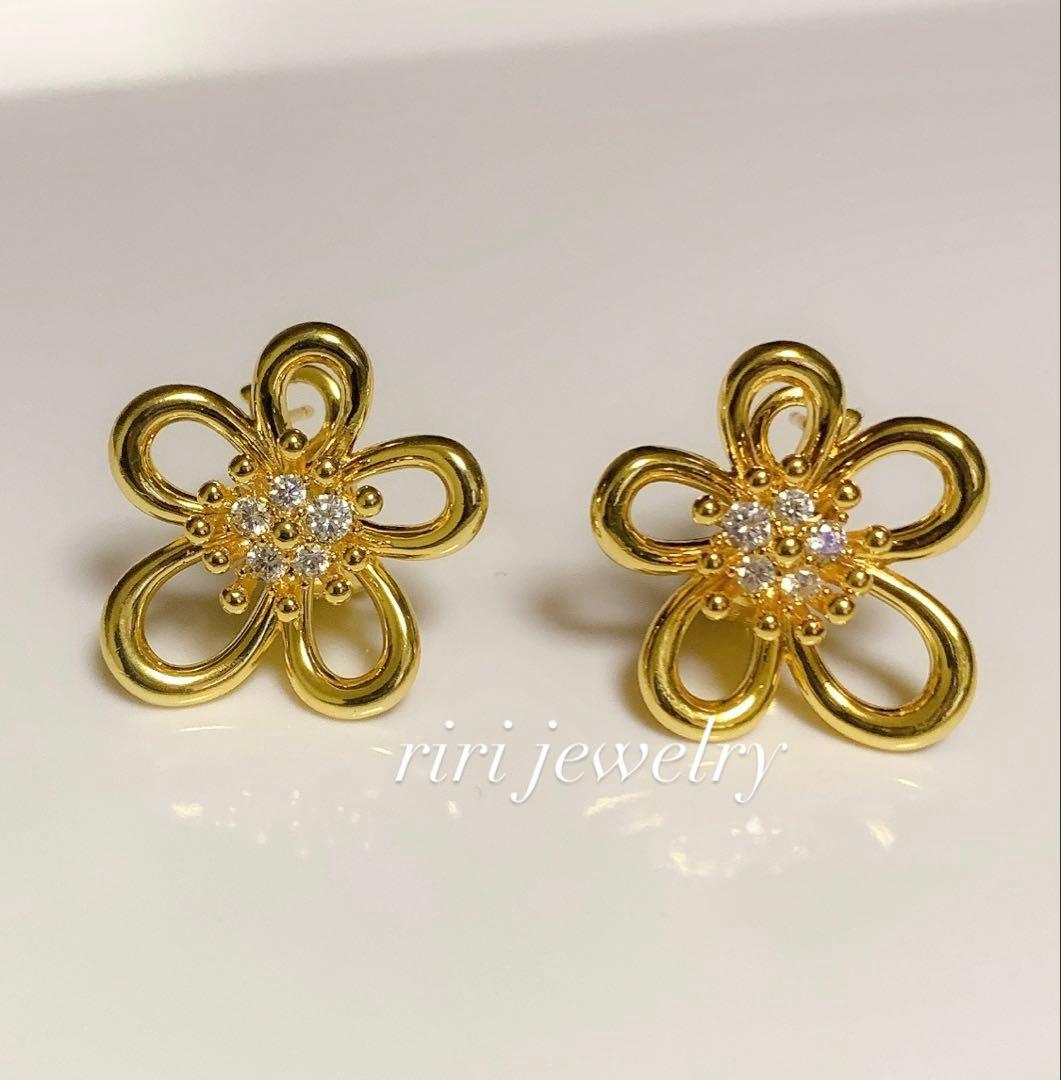 モアサナイト フラワー ゴールド 花型 クリップ式ピアス