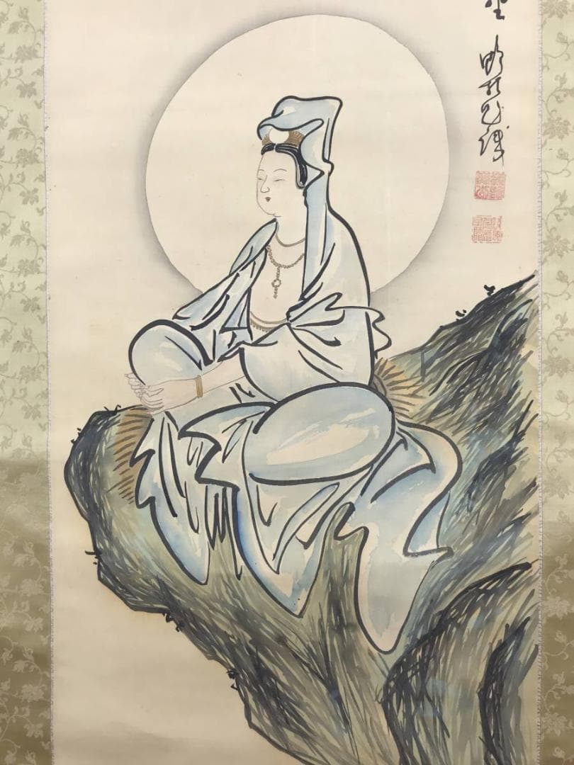 作者不詳/岩上観音画賛/観音図/掛軸/名家伝来/AB-926