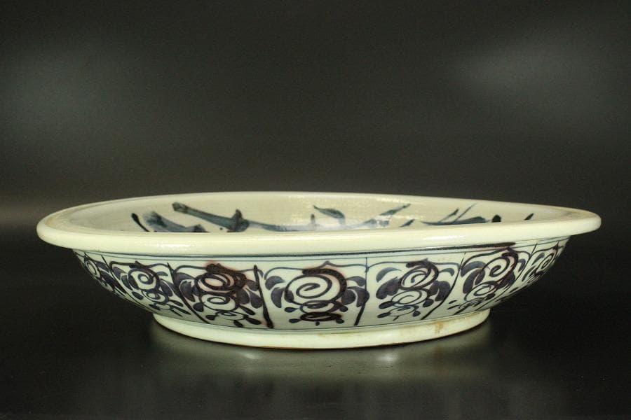 中国美術 青花 染付 竹笹 題詞 盤 φ42.5cm(LC343)