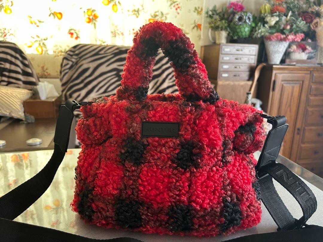 HUNTER ボアショルダーバッグ 赤黒チェック