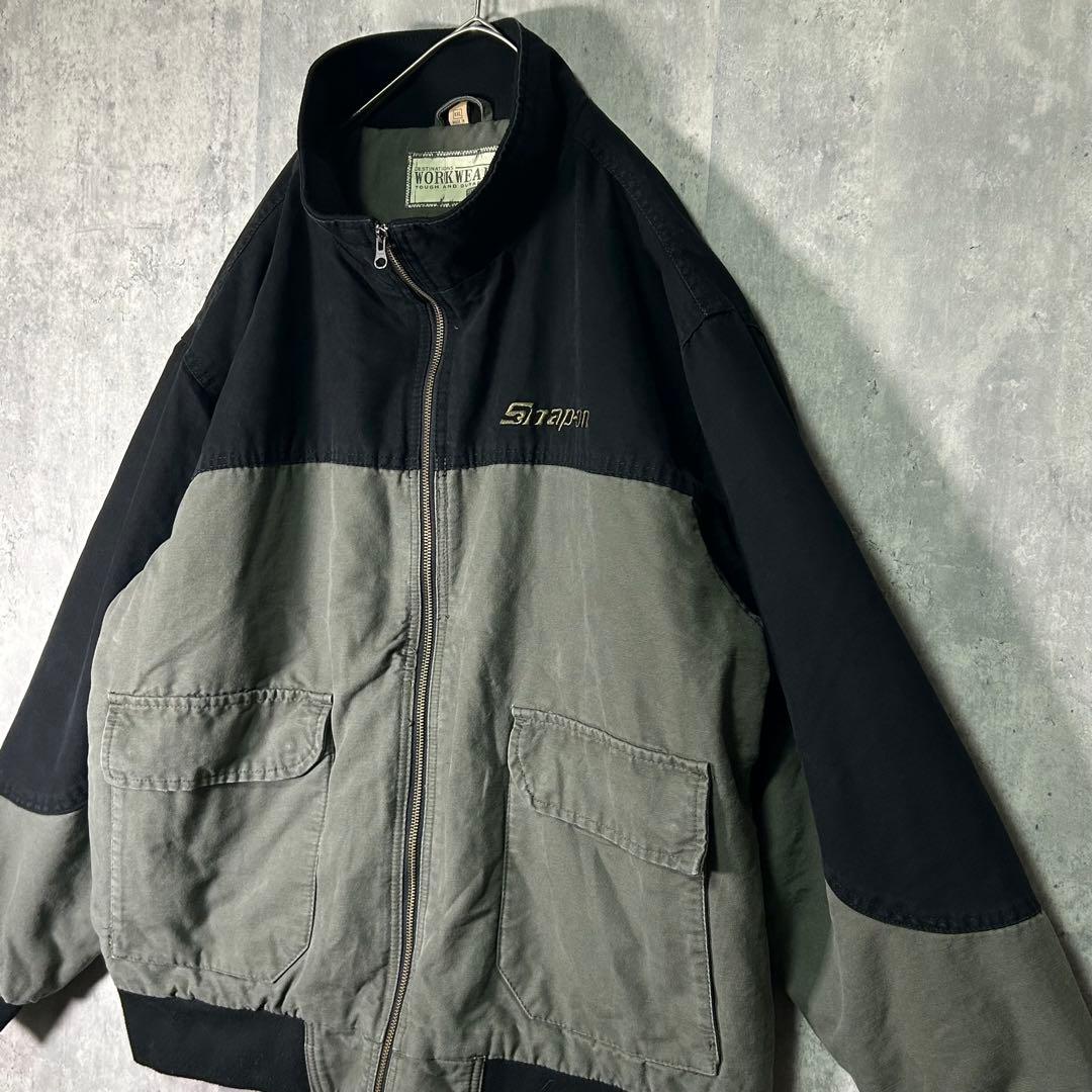 希少 snap on 刺繍ロゴ ブルゾン ワークジャケット 黒 グレー 中綿