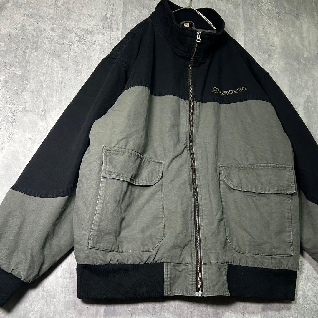 希少 snap on 刺繍ロゴ ブルゾン ワークジャケット 黒 グレー 中綿